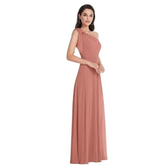 NEW After Six Draped One-Shoulder Maxi Dress with Scarf Bow Desert Rose Size 24W - Picture 1 of 12